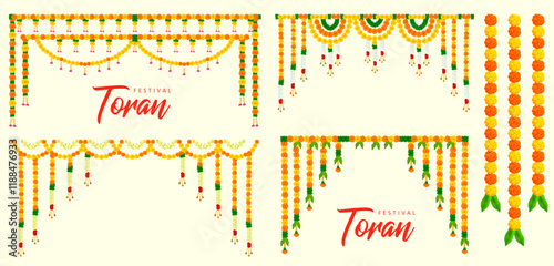 illustration of Flower garland decoration toran for Happy Diwali, Dussehra Indian Holiday festival background template for banner