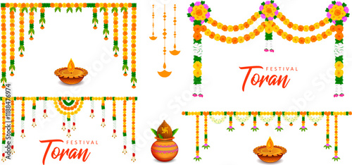 illustration of Flower garland decoration toran for Happy Diwali, Dussehra Indian Holiday festival background template for banner