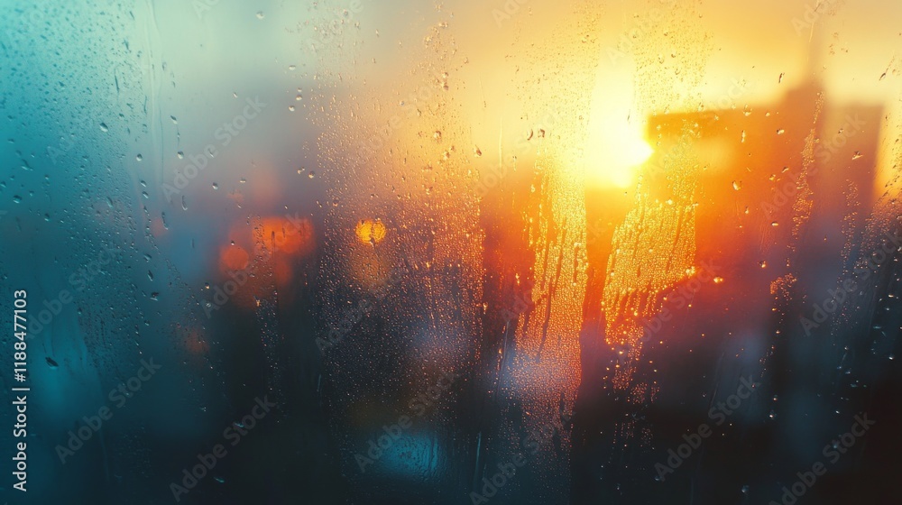 Fototapeta premium Vibrant sunset casting warm hues through a misty window overlooking a city skyline