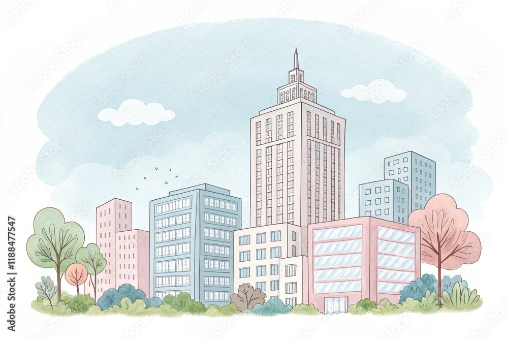 Fototapeta premium cute office building with city scape, watercolor art illustration background