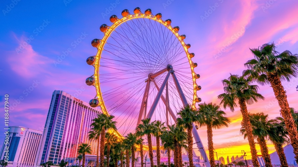 Fototapeta premium Colorful Sunset Over Ferris Wheel with Palm Trees in Las Vegas