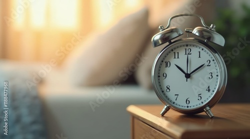 Digital alarm clock showing daylight saving time change, placed on a bedside table, morning light in the room, symbolizing time adjustment and new day start