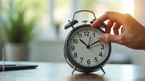 Digital clock on a desk, person adjusting the hour, representing time change for daylight saving, soft natural light in the background, modern setting photo