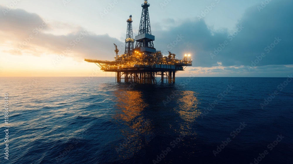 Offshore oil rig at dawn. Lit by lanterns, spotlights. Big platform with many parts visible above, below water surface. Picturesque backdrop of oil industry. Calm sea. Dawn sunrise sky. Energy Offshore oil rig at dawn. Lit by lanterns, spotlights. Big platform with many parts visible above, below water surface. Picturesque backdrop of oil industry. Calm sea. Dawn sunrise sky. Energy