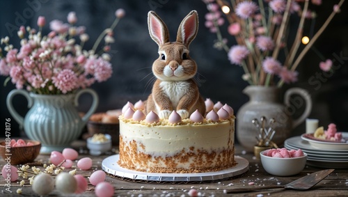 Cute chocolate Easter bunny and eggs are isolated decorations for a spring holiday celebration