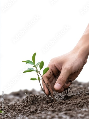 Hands planting mangrove saplings in coastal mud, preserving ecosystems and promoting environmental restoration.