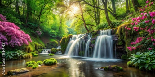 Waterfall in spring forest with lush greenery and blooming flowers , nature, peaceful,  nature, peaceful