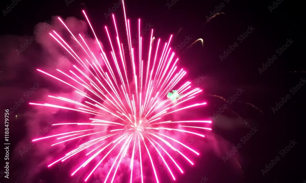 Vivid bursts of illumination. Movement. Radiant pink fireworks and deep green smoke in the animation disperse in various directions against a dark backdrop. Vivid bursts of illumination. Movement. Radiant pink fireworks and deep green smoke in the animation disperse in various directions against a dark backdrop.