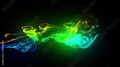 fluorescent, multi-colored ink being injected into water. A 3D render of illuminated particles transported by the ink flow is generated. A luma matte functions as an alpha channel. photo