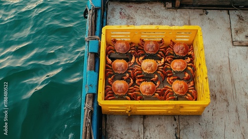 Freshly Caught Crabs in Bright Yellow Crate Sitting on Fishing Boat Above Water with Gentle Waves and Wooden Surface, Perfect for Seafood and Coastal Themes photo