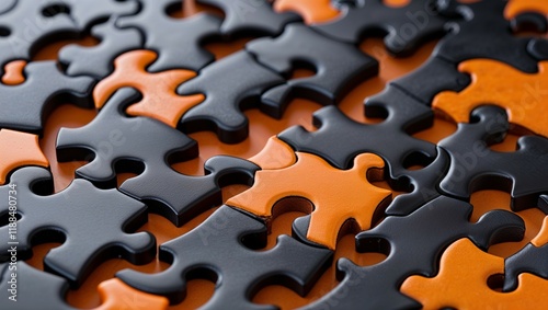 A vibrant jigsaw puzzle pattern of interconnected pieces, some missing, represents a business challenge needing a team solution