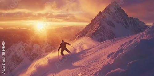 High-Speed Skier Racing Through Powder Snow at Sunset on a Mountain Peak, Winter Adventure and Sports Scene