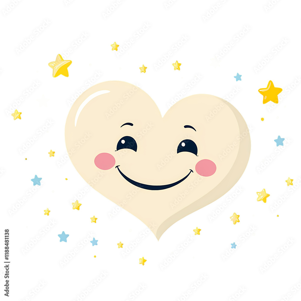 Smiling Heart: A heart-shaped cartoon character, complete with rosy cheeks and a big beaming smile, surrounded by a scattering of vibrant gold and blue stars. Smiling Heart: A heart-shaped cartoon character, complete with rosy cheeks and a big beaming smile, surrounded by a scattering of vibrant gold and blue stars.