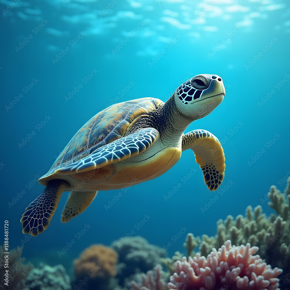 Fototapeta premium Adorable large sea turtle swimming in a vibrant coral reef against a blue background. Marine animal, underwater wildlife. Vulnerable or endangered species. Celebrating World Turtle Day.
