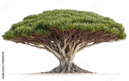 A dragon blood tree with its umbrella-like canopy and unique trunk isolated on a clean white background