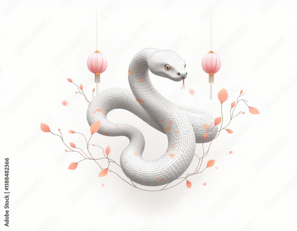 Fototapeta premium Elegant White Snake with Peach Accents and Lanterns for Lunar New Year