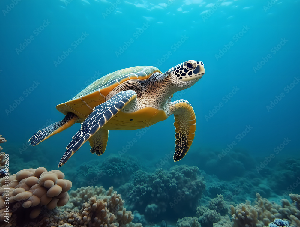Obraz premium Adorable large sea turtle swimming in a vibrant coral reef against a blue background. Marine animal, underwater wildlife. Vulnerable or endangered species. Celebrating World Turtle Day.