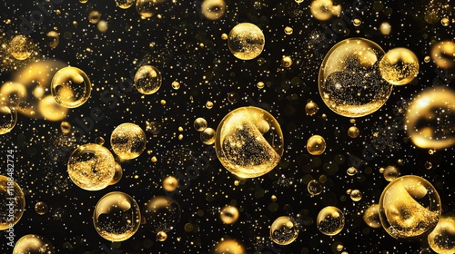 Golden effervescent bubbles, sparkling champagne, and fizzy pop. Abstract depiction of fresh soda with air bubbles, oxygen, and champagne crystals. Vector artwork on a transparent black background. © Fexri