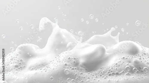 Soap foam with white bubbles floating, ideal for a bath or laundry poster template. A background showcasing shampoo or shower gel, featuring clean, bubbling, shiny detergent for hygiene purposes.