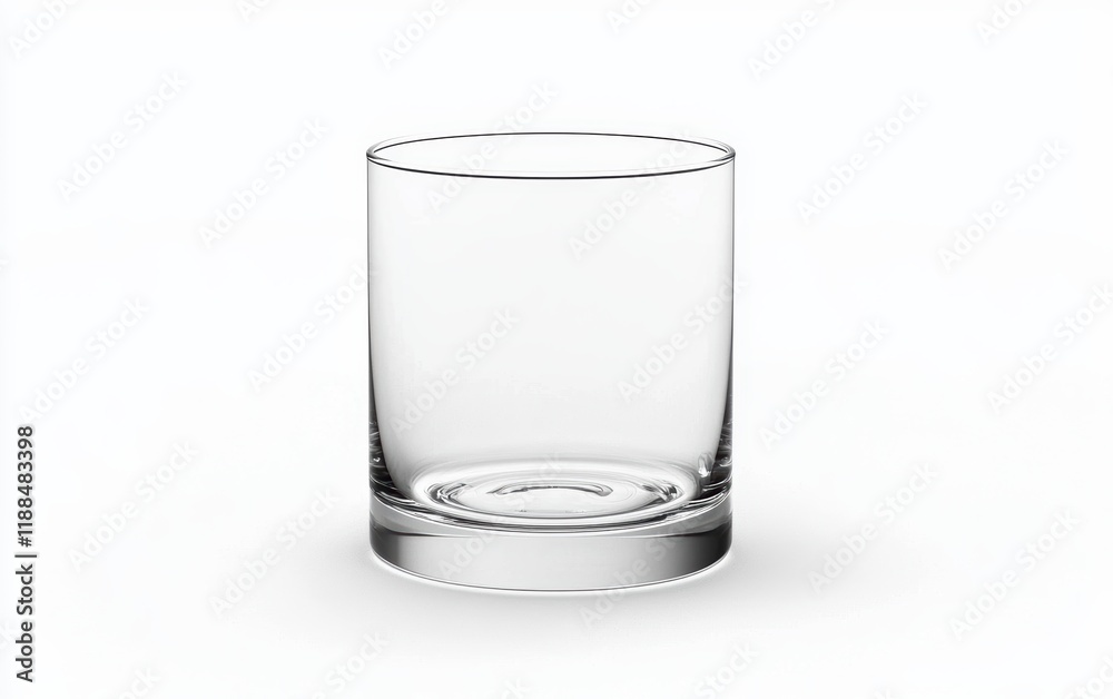 A plain clear water glass with a cylindrical shape on a clean white background A plain clear water glass with a cylindrical shape on a clean white background