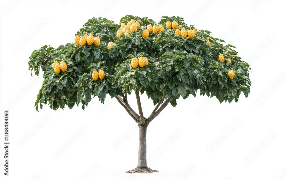Fototapeta premium A tropical papaya tree with its tall, slender trunk and ripened yellow fruits on a white background