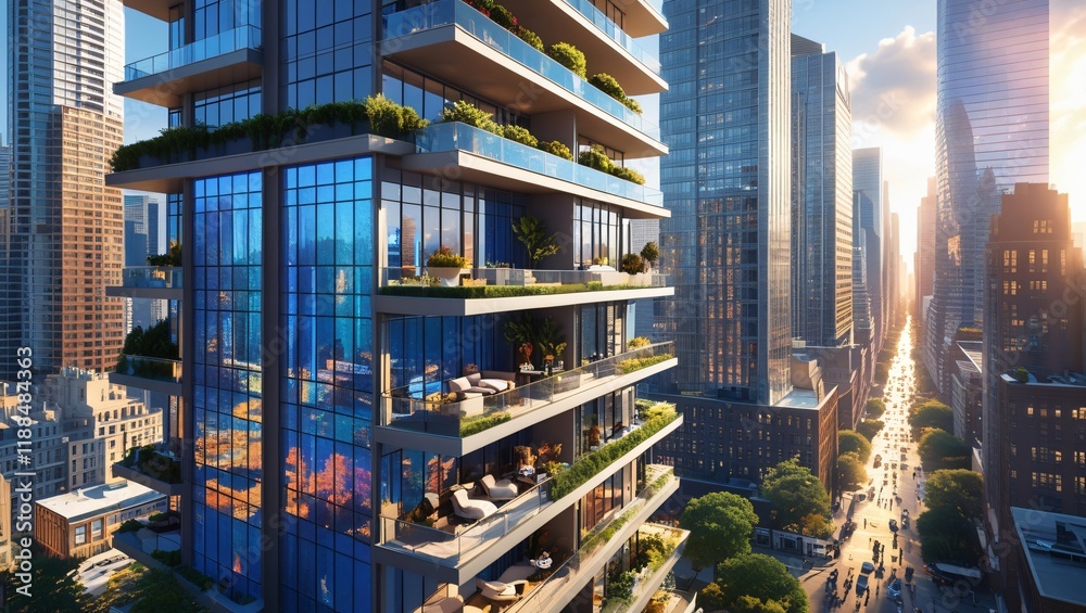 Obraz premium Modern High-Rise Apartment Building in a Bustling Cityscape