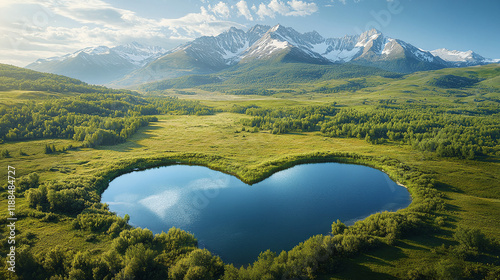 Fototapeta Naklejka Na Ścianę i Meble -  Aerial view of beautiful heart shaped lake in field with beautiful mountains in background