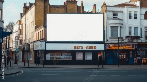 a white billboard on a uk high street with a betting shop in the foreground with a large sign 