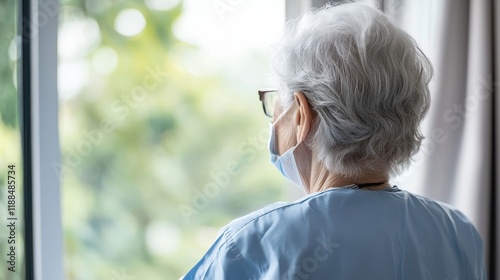 Senior woman in mask reflecting on life home interior emotional portrait tranquil environment introspective viewpoint