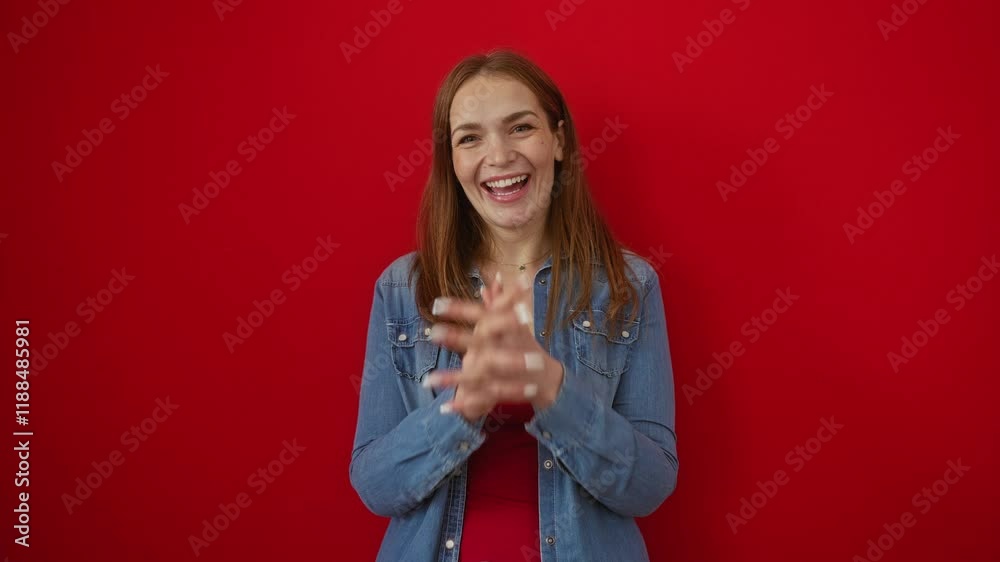 Woman smiling against a vibrant red background, wearing denim jacket, expressing joy and positivity, creating a lively and engaging visual impression, ideal for stock imagery. Woman smiling against a vibrant red background, wearing denim jacket, expressing joy and positivity, creating a lively and engaging visual impression, ideal for stock imagery.
