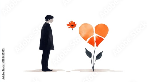 Reflective figure contemplating a broken heart flower