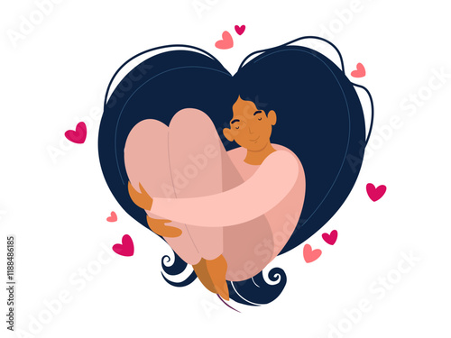 cute girl heart long hair self care love yourself body positive concept happy woman hugs llustration international women's day vector postcard valentines card