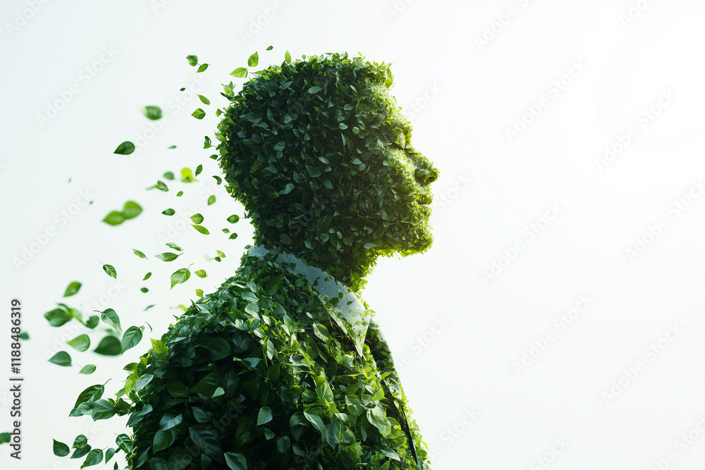 Double exposure of businessman take deep breath and thinking of environmental business. ESG and world environment sustainability.