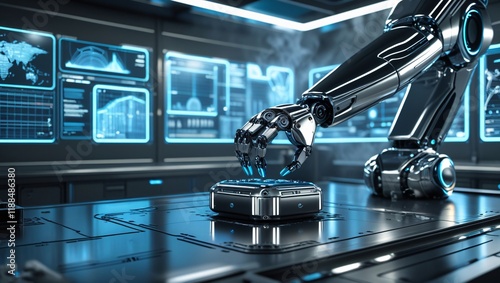 Robotic Arm Assembling High-Tech Gadget in Advanced Lab with Digital Interfaces photo