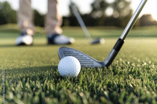 Golfer about to hit a golf ball on a vibrant green course.