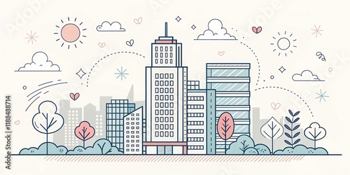 cute office building with city scape, doodle art illustration background