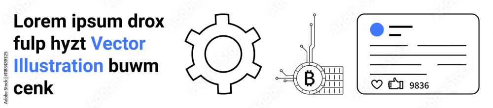 Text in black and blue, gear symbol, blockchain icon with Bitcoin logo, and social media card. Ideal for blockchain, cryptocurrency, social media, marketing, fintech, analytics, digital Text in black and blue, gear symbol, blockchain icon with Bitcoin logo, and social media card. Ideal for blockchain, cryptocurrency, social media, marketing, fintech, analytics, digital