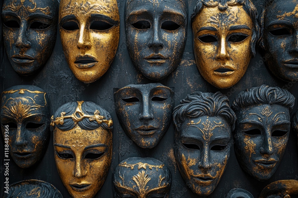 Venetian masks hanging on black wall, showing mystery and elegance Venetian masks hanging on black wall, showing mystery and elegance
