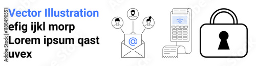 Email with at symbol, contact network above envelope, payment terminal machine with wireless signal, and lock icon. Ideal for communication, security, payment, networking, technology connections