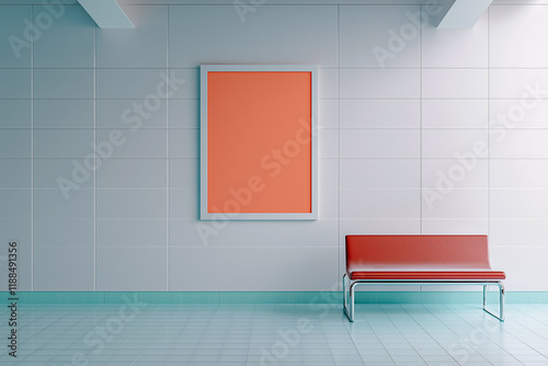 Minimalist interior with red bench and empty wall frame mockup in modern waiting area in hospital hall, a blank poster with copy space, clinic 
