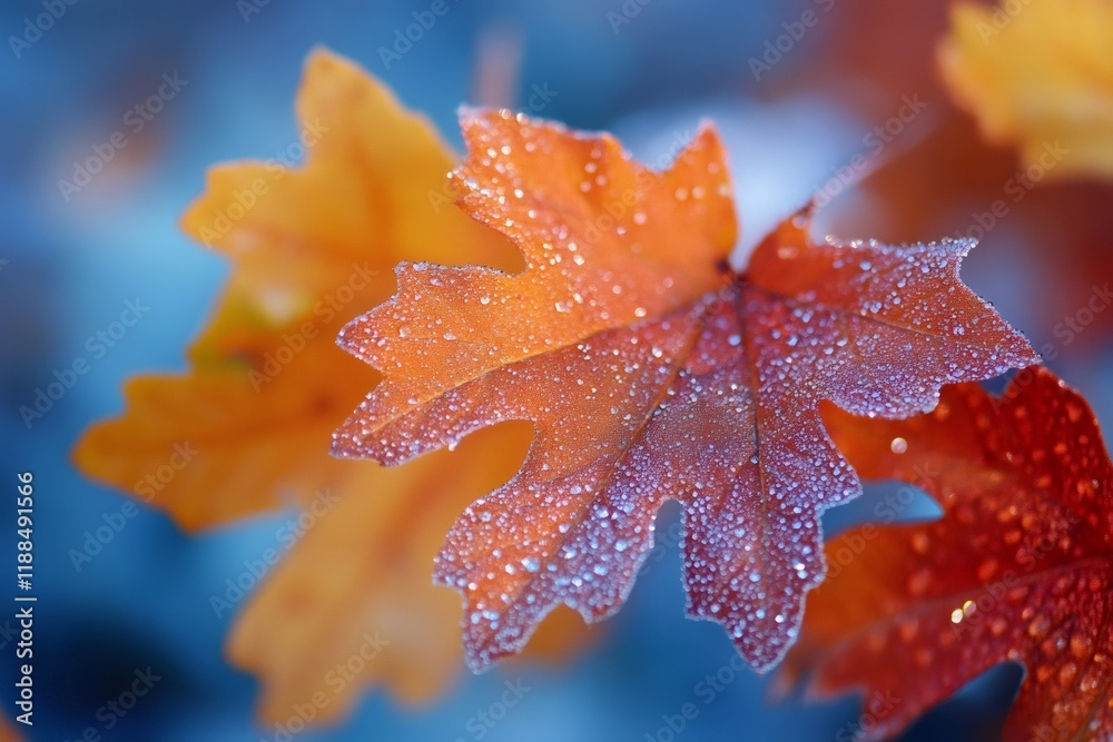 Vibrant orange maple leaves covered in dewdrops during fall