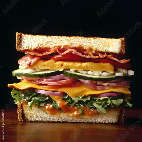 Appetizing super big sandwich isolated on black background. King size burger. photo