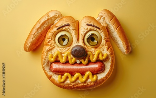 A hot dog crafted as a dog face, with mustard details and olive eyes on a pastel yellow background photo