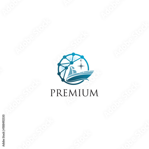 ship and connection global logo design. Combination from ship sea and technology design for ship company industry 