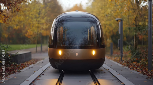 Autonomous Vehicle on Track: A sleek, futuristic autonomous vehicle glides silently along a track, surrounded by the warm hues of autumn foliage. The vehicle's smooth. photo