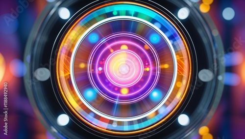Futuristic digital lens design with a vibrant, colorful circle pattern