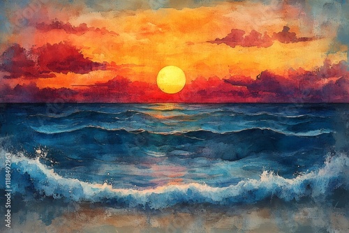 Watercolor seascape painting showing ocean waves crashing at sunset with orange and red sky