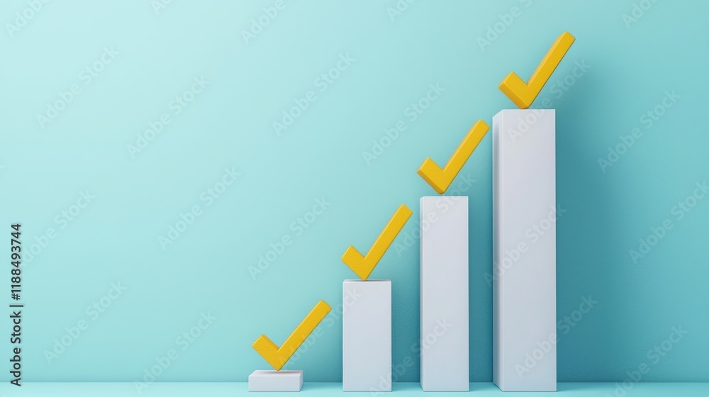 A minimalist graphic showing ascending white bars with yellow checkmarks, symbolizing growth and achievement against a light blue background. A minimalist graphic showing ascending white bars with yellow checkmarks, symbolizing growth and achievement against a light blue background.