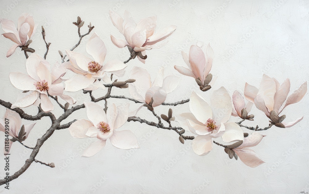 A magnolia tree with large, pale pink blossoms and smooth branches on a clean white canvas A magnolia tree with large, pale pink blossoms and smooth branches on a clean white canvas