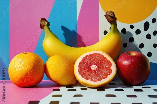 Fresh fruit composition featuring banana, grapefruit, orange, lemon, and apple on colorful background photo